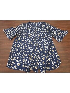 Lime N Chili Women L Blouse Blue Abstract Floral Print Button Front Short Sleeve